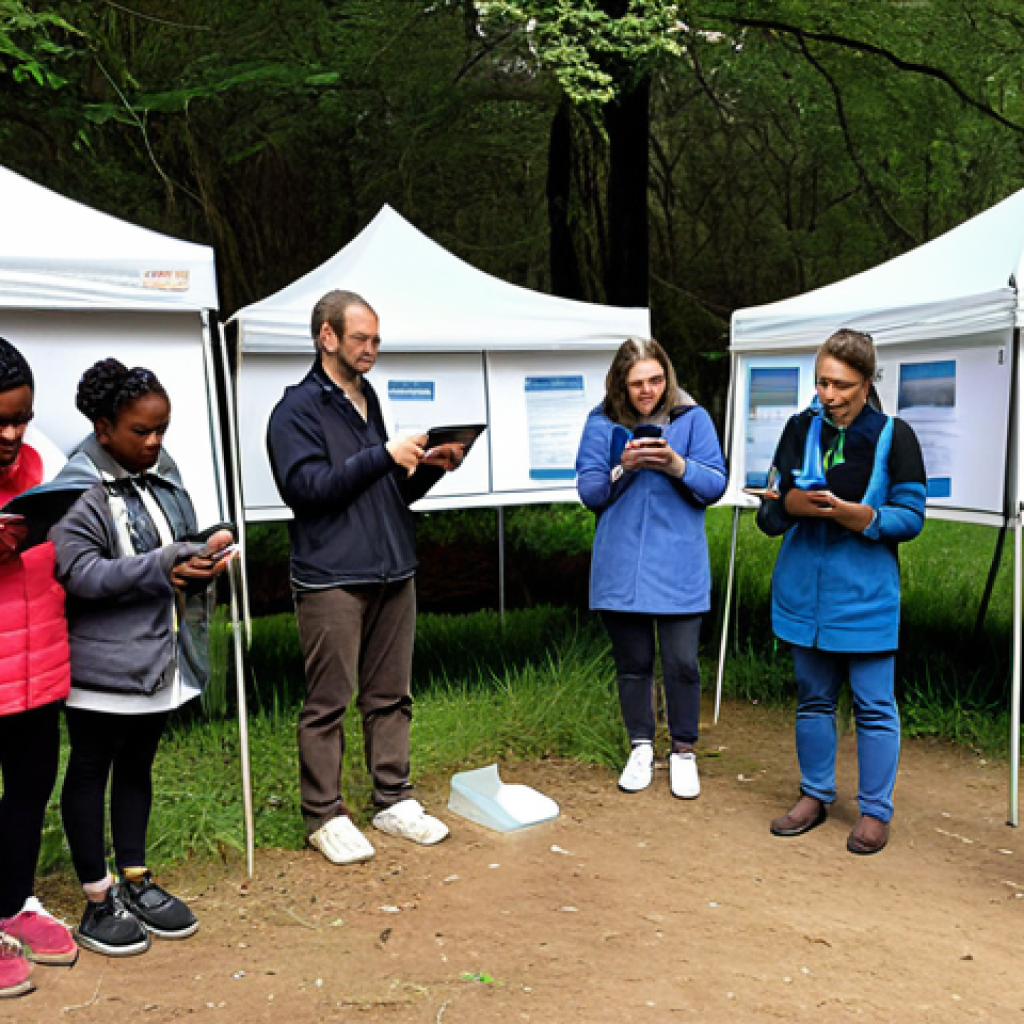 **

A diverse group of people outdoors, enthusiastically participating in a citizen science project. They are using tablets and smartphones to record data, with scientists nearby providing guidance and encouragement. The scene is bright and engaging, highlighting the collaborative aspect of data collection and the value of citizen contributions. Include visual aids like charts displayed on a nearby board or a pop-up tent acting as a central data collection point. Emphasize community involvement, showing various demographics actively engaged.

**
