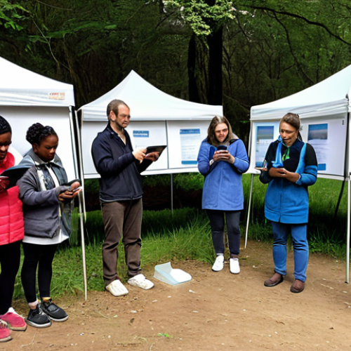 Home 19 **
A diverse group of people outdoors, enthusiastically participating in a citizen science project. They are using tablets and smartphones to record data, with scientists nearby providing guidance and encouragement. The scene is bright and engaging, highlighting the collaborative aspect of data collection and the value of citizen contributions. Include visual aids like charts displayed on a nearby board or a pop-up tent acting as a central data collection point. Emphasize community involvement, showing various demographics actively engaged.
**