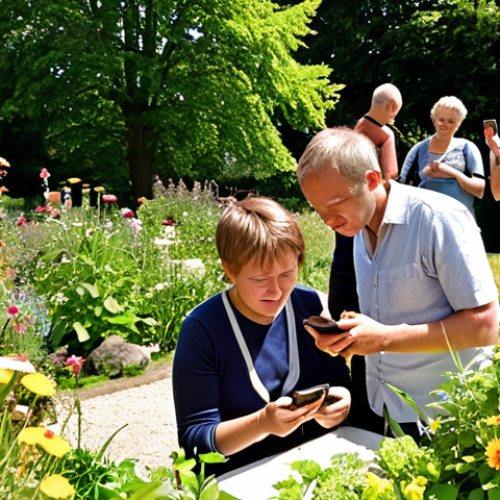 Home 18 ** A diverse group of people, including children and adults, using smartphones and tablets in a garden. Some are taking pictures of insects and plants. The background shows a sunny day and a typical German garden with flowers and trees. The overall feeling should be one of community and scientific discovery.
*Prompt:* Diverse group of people in a German garden using smartphones to observe insects and plants, sunny day, community science.
**