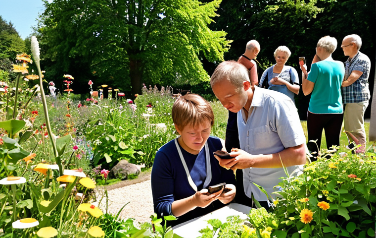 ** A diverse group of people, including children and adults, using smartphones and tablets in a garden. Some are taking pictures of insects and plants. The background shows a sunny day and a typical German garden with flowers and trees. The overall feeling should be one of community and scientific discovery.
*Prompt:* Diverse group of people in a German garden using smartphones to observe insects and plants, sunny day, community science.

**