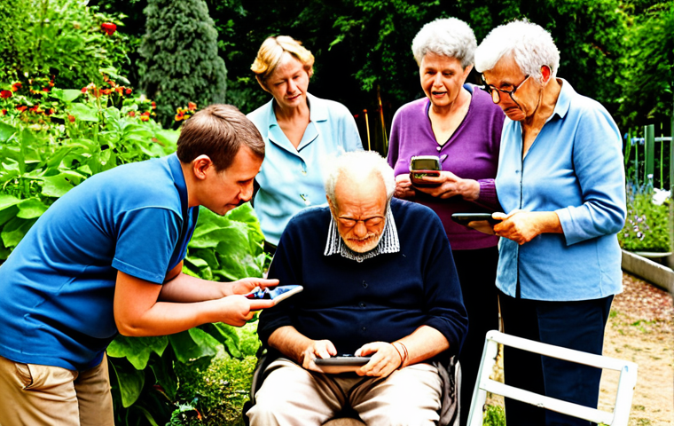 ** A diverse group of people, including children and seniors, collaborating on a citizen science project in a vibrant urban garden, using tablets and gardening tools, with a focus on documenting local biodiversity (insects, plants) in a German city (e.g., Berlin, Munich).

**
