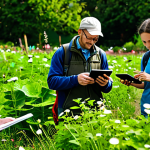 A diverse group of citizen scientists, fully clothed in modest, practical outdoor attire and smart casual wear, engaged in environmental data collection. Some individuals are meticulously noting observations in traditional paper notebooks with pens, while others are seamlessly utilizing modern smartphones and tablets with intuitive apps to record data and capture images. The setting is a vibrant community garden or a lush park, depicting a harmonious blend of traditional field research and digital innovation. The scene emphasizes collaboration and accessible participation. Appropriate content, safe for work, perfect anatomy, natural proportions, well-formed hands, professional photography, high quality, family-friendly.