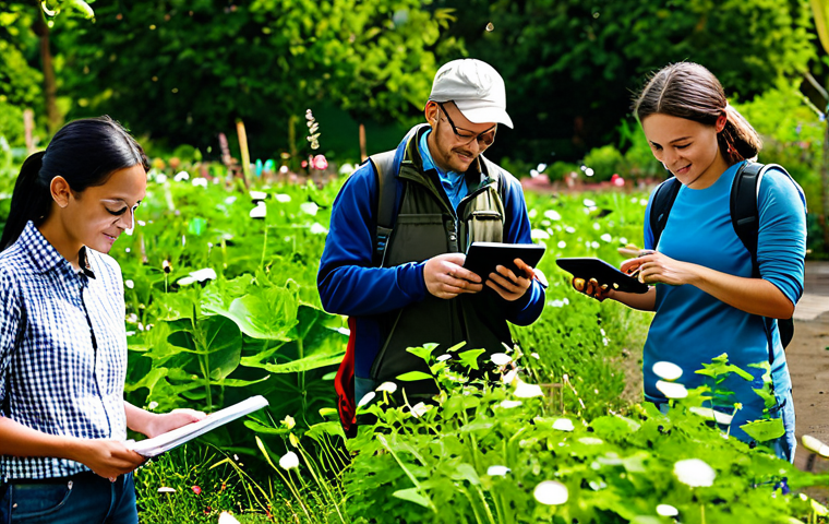 A diverse group of citizen scientists, fully clothed in modest, practical outdoor attire and smart casual wear, engaged in environmental data collection. Some individuals are meticulously noting observations in traditional paper notebooks with pens, while others are seamlessly utilizing modern smartphones and tablets with intuitive apps to record data and capture images. The setting is a vibrant community garden or a lush park, depicting a harmonious blend of traditional field research and digital innovation. The scene emphasizes collaboration and accessible participation. Appropriate content, safe for work, perfect anatomy, natural proportions, well-formed hands, professional photography, high quality, family-friendly.