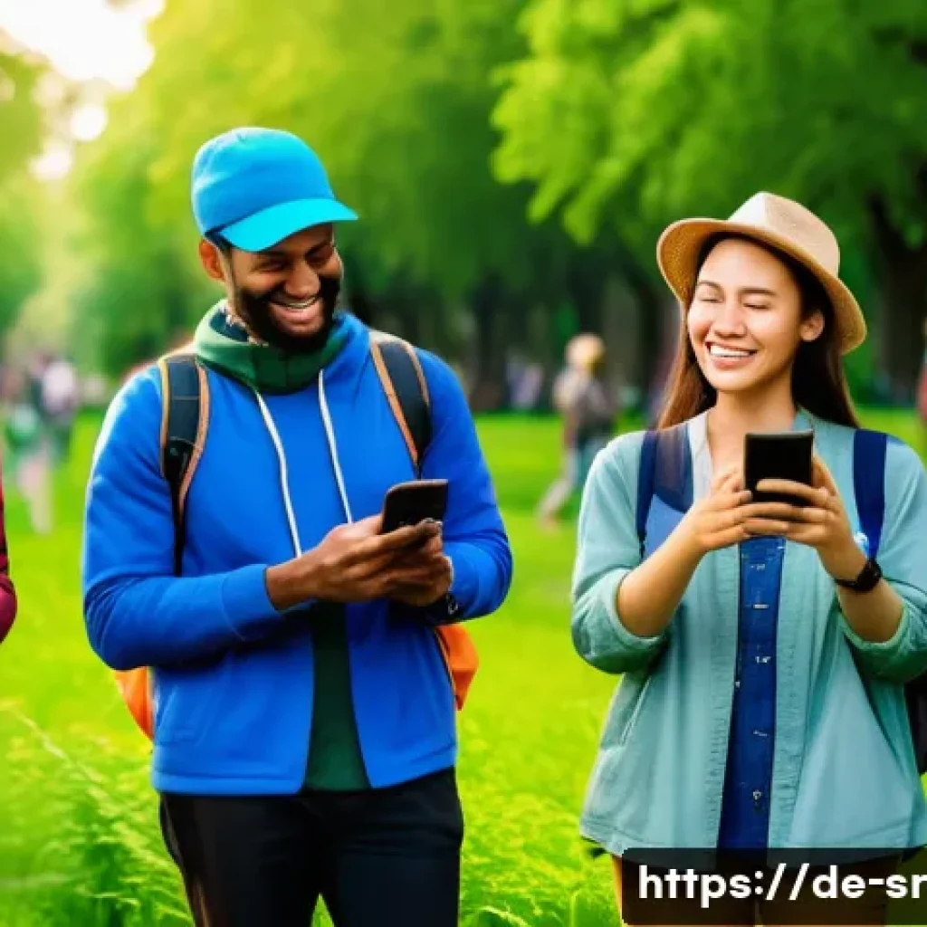 시민과학 프로젝트의 커뮤니케이션 도구 - A diverse group of citizen scientists in a sunny urban park, actively using mobile apps like iNatura...