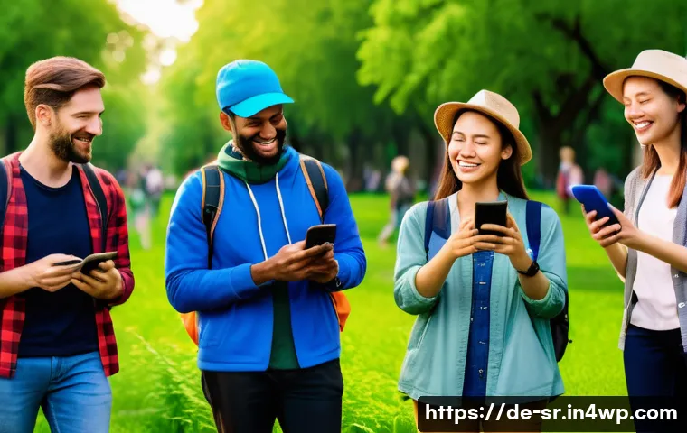 시민과학 프로젝트의 커뮤니케이션 도구 - A diverse group of citizen scientists in a sunny urban park, actively using mobile apps like iNatura...