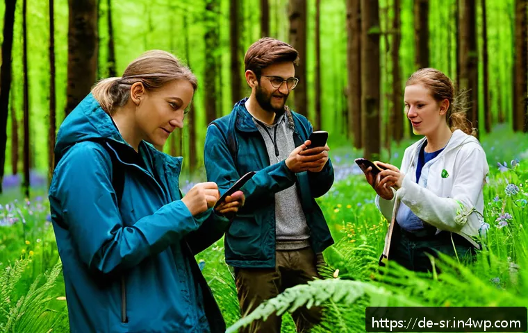시민과학 프로젝트의 고찰 및 전망 - A diverse group of German citizen scientists outdoors in a lush forest during spring, equipped with ...